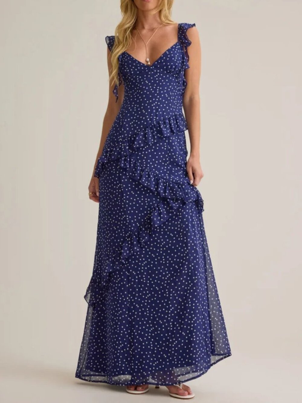 Altar'd State Charlee Maxi Dress Size XS Navy Blue Polka Dot